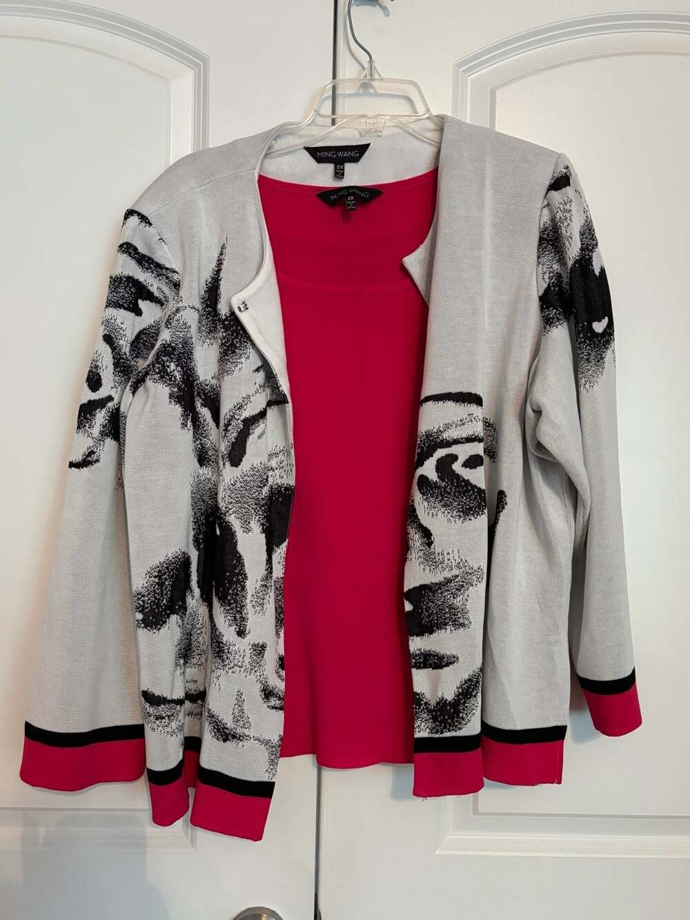 Ming Wang Plus Size Abstract Face Knit Cardigan and Tank Top Twin Set 2X